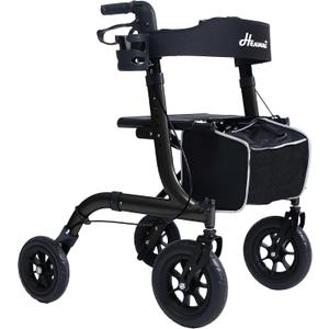 Henmnii Rollator Walker for Seniors, Lightweight Foldable All Terrain Rolling Walker with seat, Aluminum Walkers with 10 inch Rubber Wheels, Handles and Backrest for Seniors and Adult