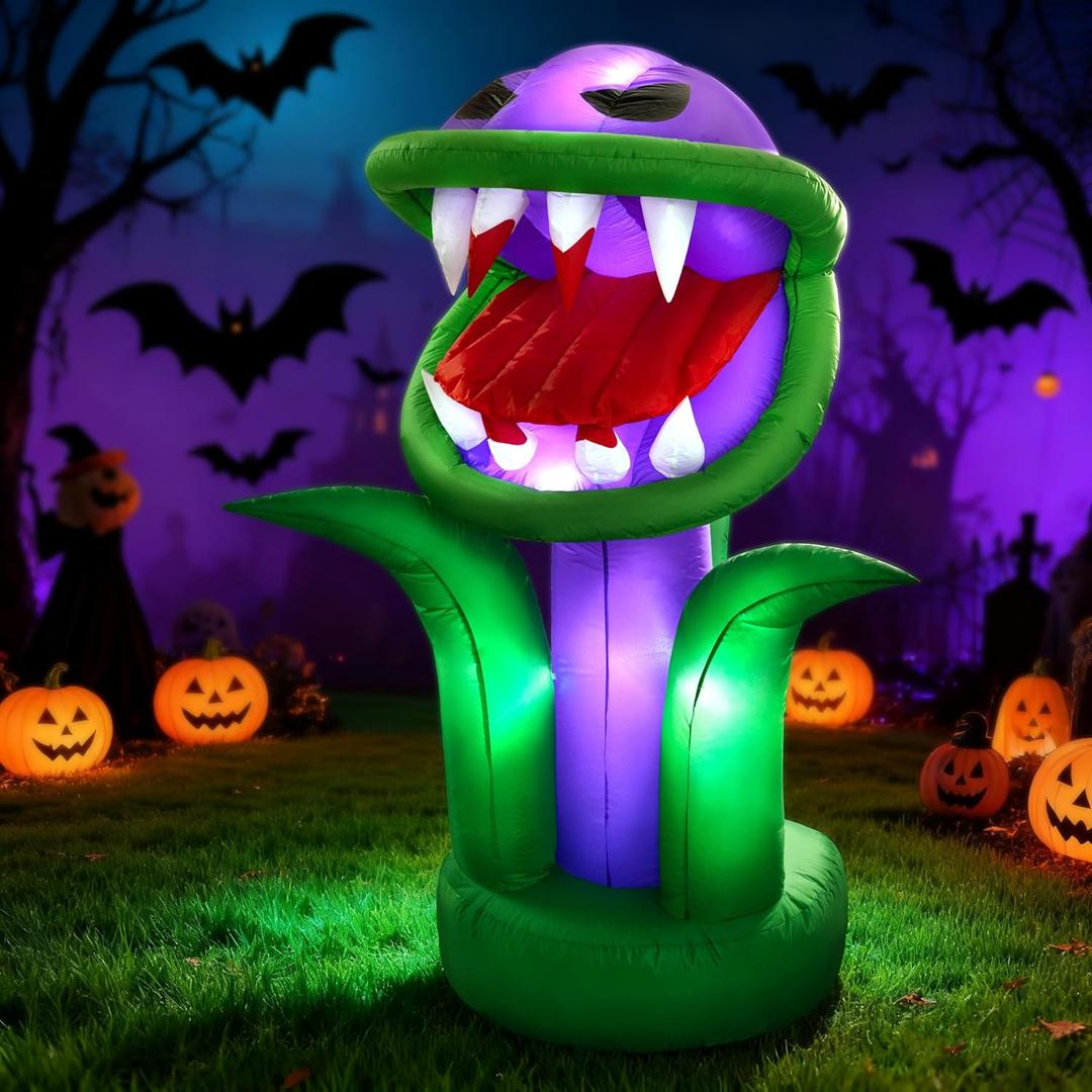 AELS 6 Ft Halloween Inflatable Air Blown Chomper with Blower and Adapter, Lighted Corpse Flower for Home Yard Garden Lawn Indoor Porch Outdoor Decoration, Halloween Party, Trick or Treat Night