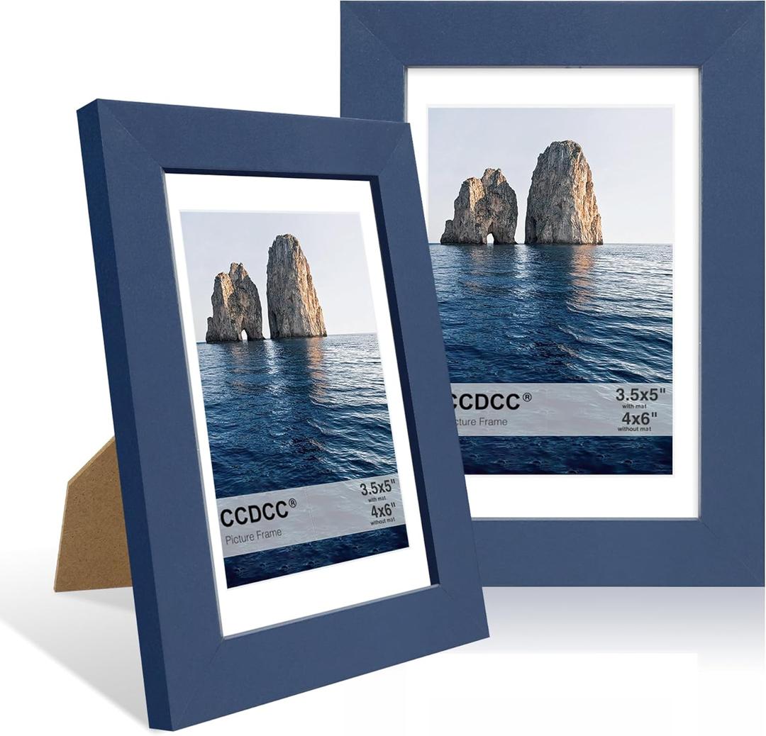 4x6 Picture Frame Set of 2, 4 x 6 Wood Photo Frames with Mat for 3.5x5, Natural Wooden Frame with Real Glass Cover for Wall and Tabletop Display,Blue