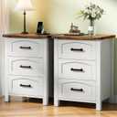 Decofy Farmhouse Nightstand Set of 2 with Charging Station, 18'' Wide Rustic End Table with USB/Type-C Ports, 3 Drawers, Wood Bedside Table for Bedroom, White, 2 Pack