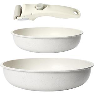 GiPP Non Stick Frying Pans Set Removable Handle, Oven Safe Nonstick Fry Pan Skillets with Detachable Handle, Granite Coating Healthy Cooking Compatible with All Stovetops, PFOA Free, RV Cookware set (03, White)