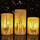 GenSwin Flickering Flameless Candles Battery Operated with 6 Hours Timer, Real Wax Led Pillar Candles Deer Decal Warm Light, Pack of 3 Christmas Home Decor (Deer-Gold)