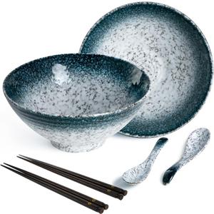 Niturceal 40 oz Ceramic Ramen Bowl Set of 2, Ramen Noodle Bowl with Spoons and Chopsticks 8 Inch Japanese Retro Style Large Soup, Pho, Udon Bowls, Microwave & Dishwasher Safe, Stone