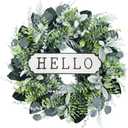 24'' Hello Door Wreath 24inch Boxwood Wreath Farmhouse Eucalyptus Flocked Lambs Ear Wreaths for Front Door Hanging Wall Window Party Decoration