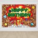 Pixel Style Happy Birthday Backdrop, 150x100cm/5x3.3ft Giant Video Game Theme Party Banner Background Colorful Boom Art Wall Decor for Kids Boys Birthday Room Decorations Photography Supplies