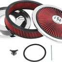 High Flow 14"x3" Round Air Cleaner filter Kit Compatible with GMC Chevy Ford Chrysler Dodge V8 with Flow-Thru Lid Caburetor 5-1/8" Carb Neck Red Chrome