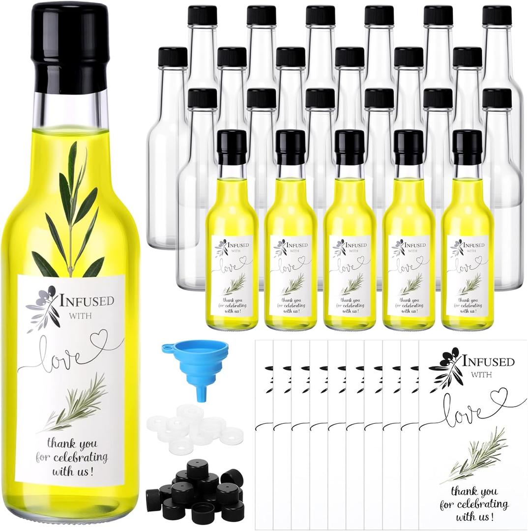 30 Sets 5 oz Olive Oil Glass Bottles with Lids Heat Shrink Cap Stickers and Funnels Clear Olive Oil Woozy Bottle Mini Hot Sauce Glass for Wedding Party Guest Shower Favors Crafts Home Decor