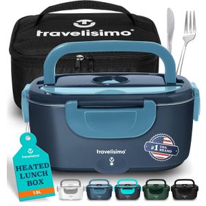 TRAVELISIMO Electric Lunch Box for Adults 100W Heated Lunch Box For Men 1.5L Stainless Steel Portable Food Warmer, 12/24/110V Electric Food Warmers for Travel & Work Loncheras Para Hombres de Trabajo (Dark Blue)