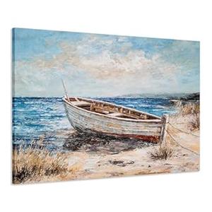 NdcSkyArt Rustic Coastal Canvas Wall Art - Hand Painted Boat Pictures with Blue Waves for Living Room, Bedroom, Bathroom and Farmhouse Décor