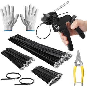 Stainless Steel Zip Ties Gun Set, with 300PCS Black Metal Zip Ties (100 Each of 6, 8, 11.8 Inch), Heavy Duty Fastening Cutting Tie Tool Sets for Chain Link Fence, Exhaust Pipes, Automotive