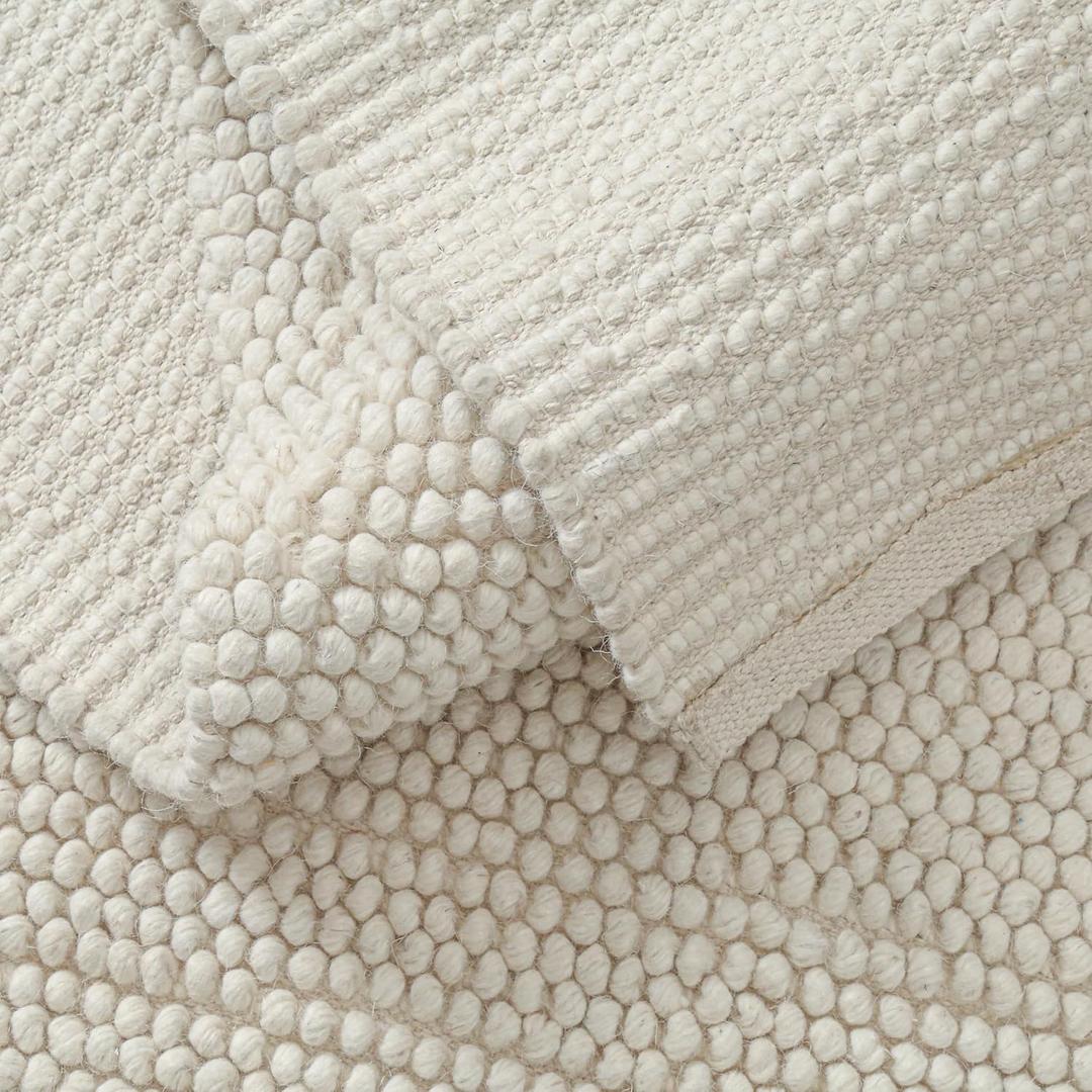 Handwoven Wool Cotton Blend Area Rug 8x10', Textured Popcorn Braided Ivory Rug, Soft Thick Farmhouse Contemporary Living Room Carpet, Neutral Modern Decorative Floor Rug