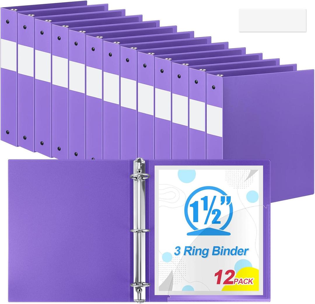 Henoyso 12 Pcs Purple 1.5 Inch 3 Ring Binder Bulk, Fits Letter Size 8.5'' x 11'' Paper, Holds 350 Sheets, 2 Pockets Plastic Binders Pack for School Office Home Organization, Press-to-Open Ring
