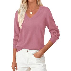 PRETTYGARDEN Women's V Neck Sweaters 2026 Fall Casual Long Sleeve Classic Pullover Cozy Knit Tops Loose Basic Winter Clothing (Large, Coral Pink)