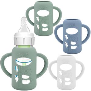 3 Pack Silicone Sleeves for Dr. Brown's Glass Baby Bottles - Drop Protection Baby Bottle Sleeves,Compatible with Dr. Brown's Newborn Glass Bottles,with Silicone Handles,4 oz (White+Dark Blue+Dark Green)