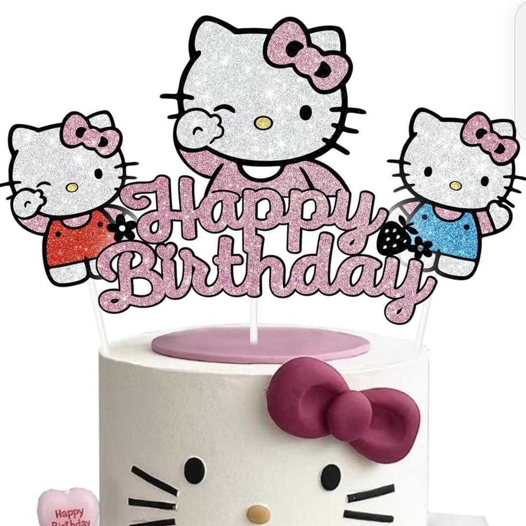 Birthday Cake Decorations, Cute Pink Glitter Happy Birthday Cake Toppers, Cartoon Party Supplies