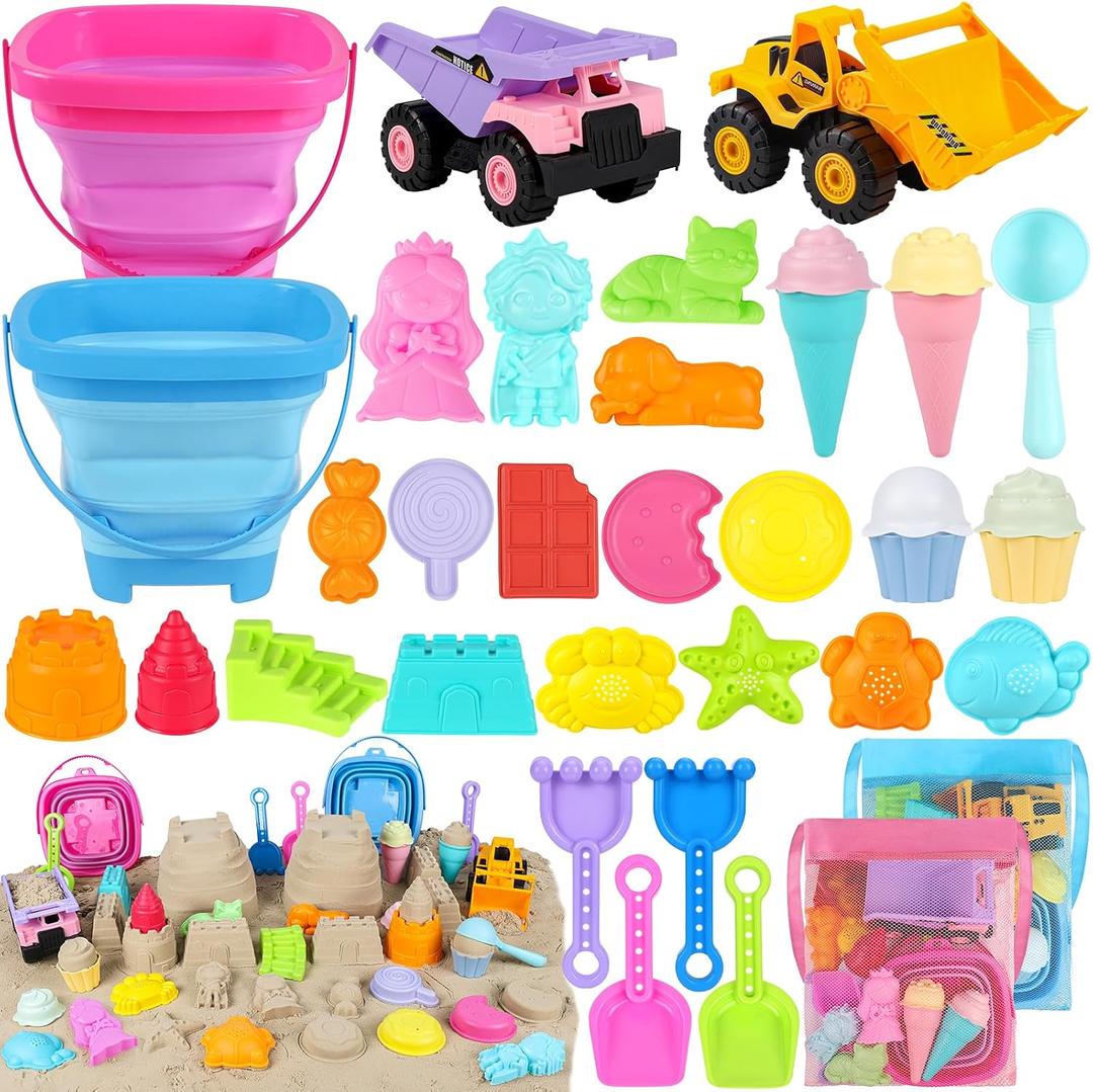 EULRGAUS Beach Toys, 36 PCS Sand Toys with Construction Vehicles, Collapsible Bucket, Princess & Prince and Ice Cream Toys, Sand Castle Building Kit, Beach Shovel, Beach Games for Kids, Boys and Girls