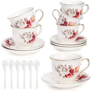 Tea Cups and Saucers Set of 6, 8 Oz Porcelain Floral Tea Cups with Gold Trim Spoon, Bone China Coffee Cup Saucer Gift Set for Cappuccino, Espresso, Latte, Cafe Mocha