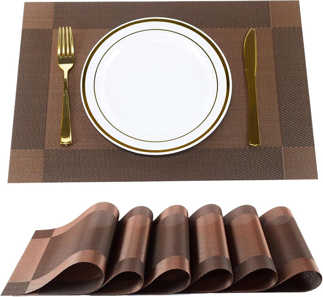 Placemats,Table Place Mats for Kitchen Dining, Heat-Resistant Anti-Skid Stain Washable PVC Table Mats, Easy to Cleaning Woven Vinyl Dinner Mats (Brown, 6 Pack)