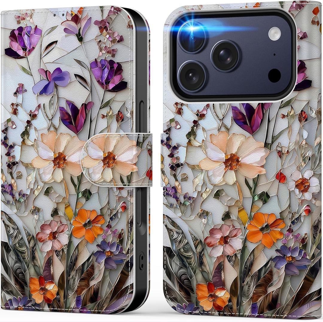 DEENAKIN for iPhone 17 Pro Wallet Case with Card Holder + Cash Clip, RFID-Blocking, Military-Grade Drop Protection & UV-Printed Artwork, Magnetic Closure with Leather Kickstand - Marbled Floral Veins