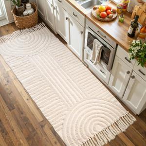 Boho Bathroom Rugs with Tassels Cotton Bath Mat Washable Bathroom Rugs, Boho Area Rug Beige Tufted Woven Rainbow Rug 2' x 4.3', Medium