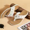 ONCAI Women's Flat Flip Flops Size 10 Summer Trendy Dressy Beach Cute Pool Vacation Essentials Sandals Studded Faux Leather White/Khaki Walking Rivet Sandalias with Waterproof Outdoor Rubber Sole