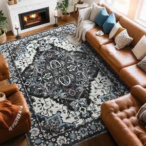 Large Area Rugs 8x10 for Living Room, Bedroom, Washable Vintage Rugs -Low Pile Distressed Rugs for Kitchen, Dining Room, Water Repellent & Non Shedding, Black and Blue
