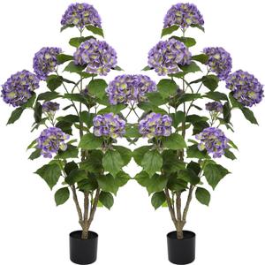 Nafresh 4FT Real Touch Faux Hydrangea Tree Outdoor, 2 Pack Purple Hydrangea Tree Artificial with Vibrant Blooms, Faux Hydrangea Potted Plant for Indoor Outdoor Home Front Porch Pation Decor