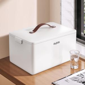 O-MART Medicine Cabinet Organizer with Leather Handle, Empty Plastic First Aid Kit, Multipurpose Storage Box with A Portable Weekly Pill Organizer for Family Emergencies, Home, Travel, White