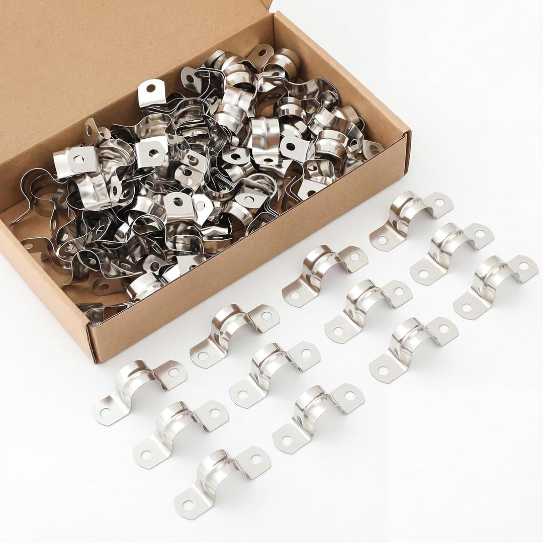 Yaocom 100 Pcs 3/4 Inch Pipe Strap 304 Stainless Steel Conduit Clamp Reinforced Rigid 2 Hole U Bracket for Pipe Fixing on Various Surfaces