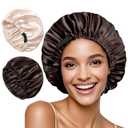 Satin Bonnet for Women,Double Layer Adjustable Sleep Cap, Soft and Silk Hair Bonnet for Curly Hair Protection, 2 Pack (Brown-Champagne) (One Size)