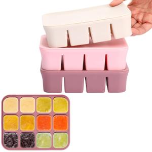 Mimorou 3 Pack Baby Food Freezer Tray with Lids 2.8 oz x 12 Cups Silicone Baby Food Storage Container Ice Cube Freezer Molds for Homemade Vegetable Fruit Purees Snack(12 Cups,Purple, Pink, White)