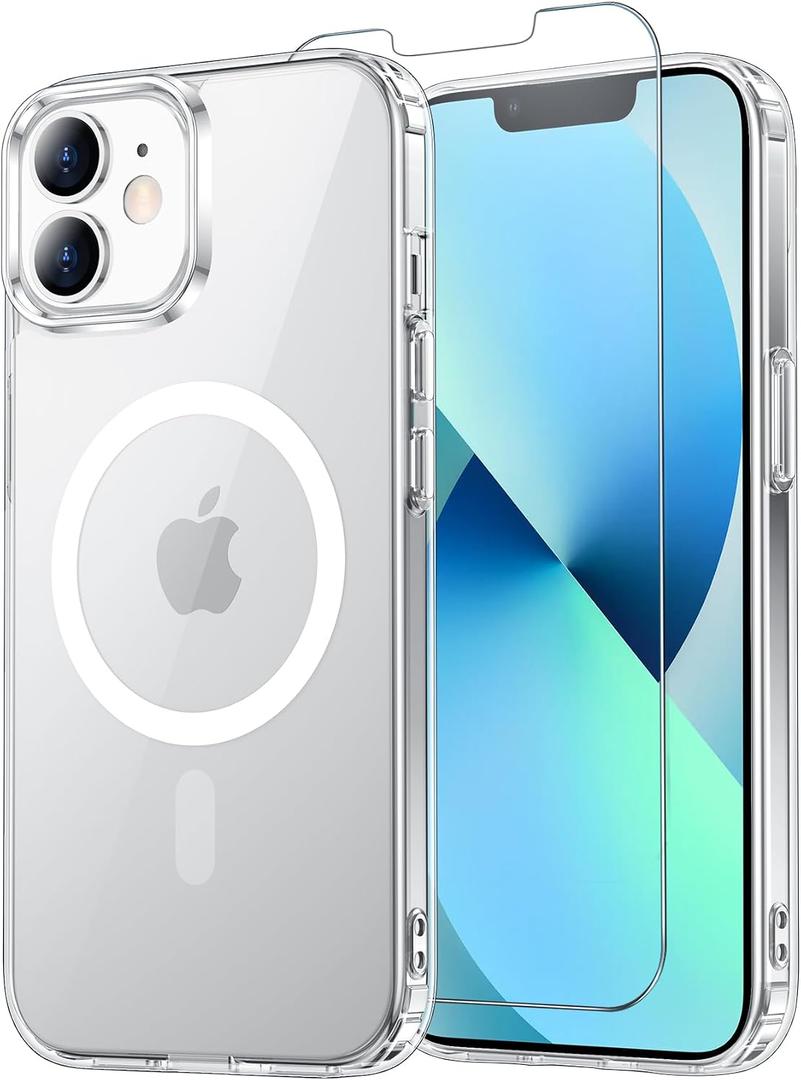 for iPhone 12 Mini Case & iPhone 13 Mini Case Clear with Screen Protector, Compatible with Magsafe, Anti-Yellowing, Military-Grade Protection, Shockproof Slim Magnetic Phone Case Cover