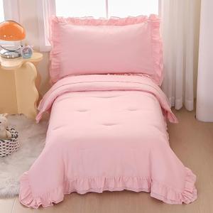 Wowelife Pink Toddler Bedding Set for Girls Toddler Bedding 4 Pieces Boho Tufted Comforter with Ruffles Design Toddler Girl Bed Set with Comforter, Fitted Sheet, Flat Sheet and Pillowcase