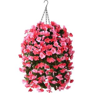 INQCMY Artificial Hanging Flowers Basket for Outdoors Spring Summer Decoration,Faux Silk Begonia in Planter Look Real UV Resistant for Outside Home Porch Patio Garden Balcony Yard DecorDeep Pink