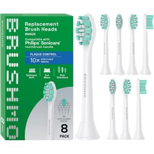 Brushmo Plaque Control Replacement Toothbrush Heads, Compatible with Philips Sonicare Click-on Electric Toothbrush Handles, 8 Standard Replacement Heads, Soft Dupont Bristles, BM928, White (8 Count (Pack of 1))