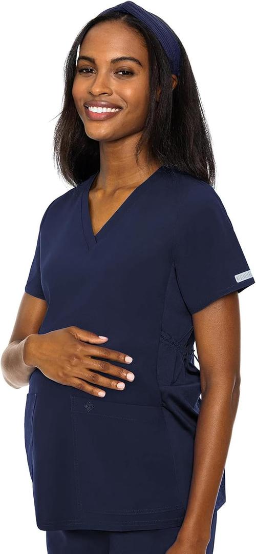 Med Couture Maternity V-Neck Scrub Top, 2 Pockets, Stretchy Side Panels with a Flattering Fit for Pregnant Ladies - MC628