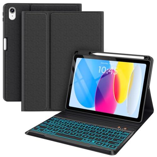 BLUTLOTUS for iPad 11th A16 10th Generation Case with Keyboard - 7 Colors Backlit Wireless Detachable Folio Keyboard Cover with Pencil Holder for iPad 11'' A16 2025 10th Gen 10.9 Inch 2022 (Black)