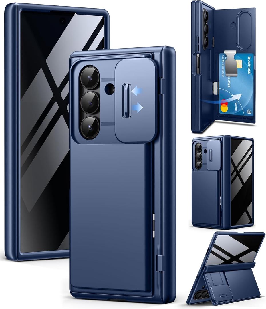 TONGATE Wallet for Z Fold 7 Case with Privacy Screen Protector, [4-Card Holder][Anti Spy] Built-in Large Stand & Slide Camera Cover Z7 Shockproof Phone Case for Samsung Galaxy Z Fold 7 2025 8", Blue