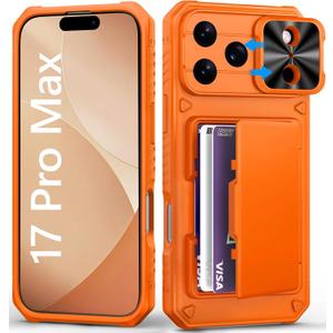 for iPhone 17 Pro Max Phone Case Wallet, Card Holder (4-5 Cards), Slide Camera Cover, Military Grade Protection, Rugged Hard Women Girly Men Protective Case for iPhone17 Pro Max 6.9", Orange