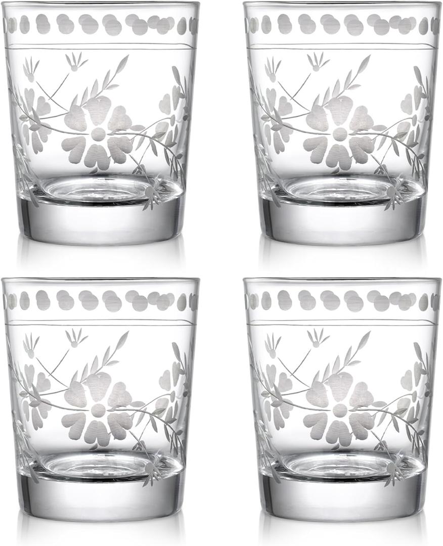 Joeyan Hand Blown Etched Drinking Glasses,Clear Water Glass Cups with Floral Pattern,Aesthetic Tumblers Glassware Set for Beverages Juice Cocktail Whiskey,9 oz,Set of 4,Dishwasher Safe