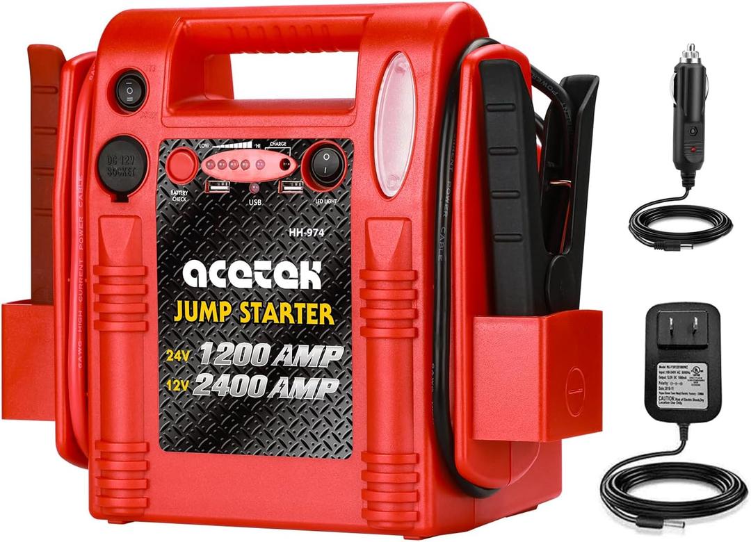 12V / 24V Jump Starter, acetek 2400/1200 Peak Amp Battery Jump Starter for Truck Car Tractor Excavator, Heavy Duty Jump Box Battery Pack with USB and DC Output