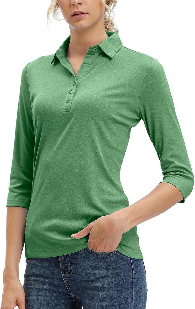 MOHEEN Women's Polo Shirt UPF 50+ Quick Dry Moisture Wicking 3/4 Sleeve Golf Sun Shirts Athletic Casual Work (Green, L)