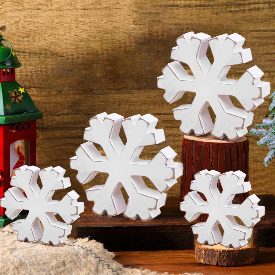GengGeng 4PCS Winter Wonderland Snowflake Ornament Christmas Wooden Farmhouse White Snowflake Display Decor Photo Props Fireplace Winter Table Decor Signs (Triangle Snowflakes, 4)