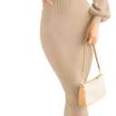 ZESICA Women's 2026 Square Neck Ribbed Knit Dress Puff Long Sleeve Slim Fit Bodycon Fall Winter Pullover Sweater Dress,Light Khaki,Small