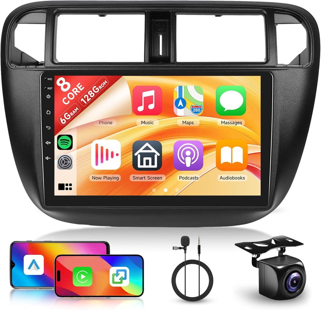 8 Core 6+128G Android Car Stereo Radio for Honda Civic 1996-2001 with Wireless Carplay Android Auto, 9'' Touchscreen Head Unit Bluetooth GPS Navigation Mirror Link WiFi FM/RDS DSP Backup Camera SWC