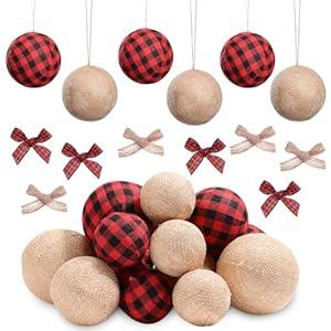 Sratte 48 Pcs Farmhouse Christmas Ornaments 24 Pcs Buffalo Plaid Fabric Ball with 24 Pcs Bow Country Cute Rustic Xmas Balls Burlap Rustic Christmas Decorations for Holiday Tree (Red, Black)