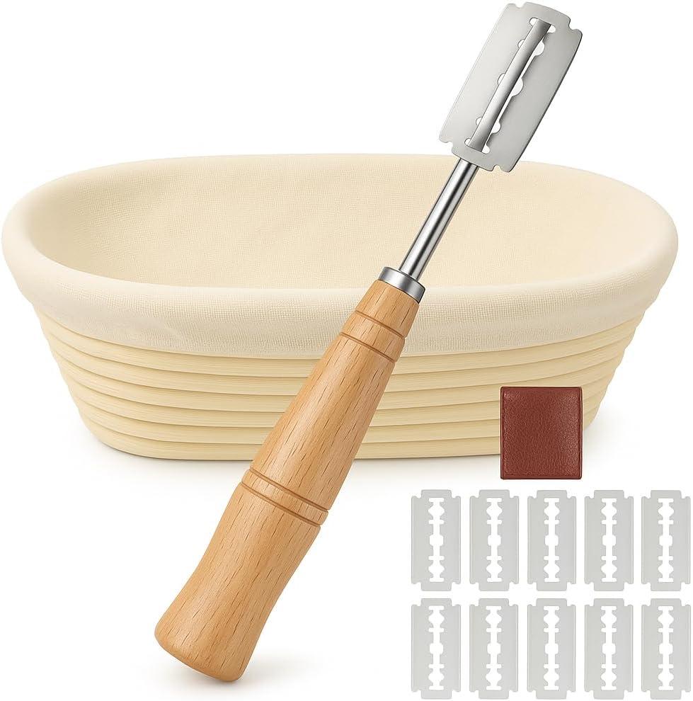 Saint Germain Bakery Oval Banneton Proofing Basket and Bread Lame Set  10 Inch Rattan Basket with Liner, Razor Blades & Leather Cover  Sourdough Bread Baking Kit Gift for Artisan Bakers