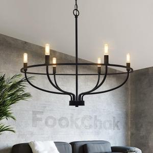 Black Dining Room Light Fixture, 6-Light Farmhouse Black Chandelier for Bedroom Metal Candle Chandeliers Hanging Lighting for Kitchen Living Room Entryway Foyer, 28.54in