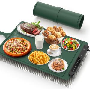 Food Warming Mat Electric Tray: Adjustable Silicone Heating Pad with 3 Temperature Settings 4 Timer Function Portable Roll Up Hot Plate for Buffets Party Gatherings Kitchen Warmer Countertop Green
