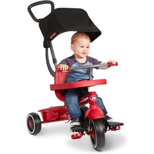 Radio Flyer Pedal & Push 4-in-1 Stroll ' N Trike, Red Tricycle, for Toddlers Ages 1-5, Toddler Bike